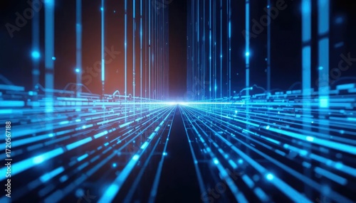 Abstract digital highway of glowing blue data streams converging at a vanishing point.