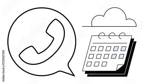 Phone chat bubble, calendar with highlighted dates, cloud above. Ideal for communication, scheduling, cloud services, productivity, reminders planning digital tools. Simple flat metaphor