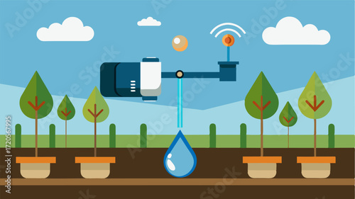 A smart irrigation system utilizes drip irrigation technology to precisely deliver water to plant roots.. Vector illustration