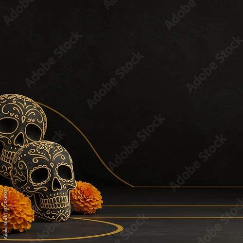Dia De Muertos Skulls and Marigolds on Dark Background