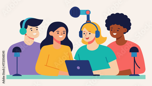 A group of friends gathered in a studio recording a podcast about mental health and the impact it has had on their lives. They openly share their struggles and experiences. Vector illustration
