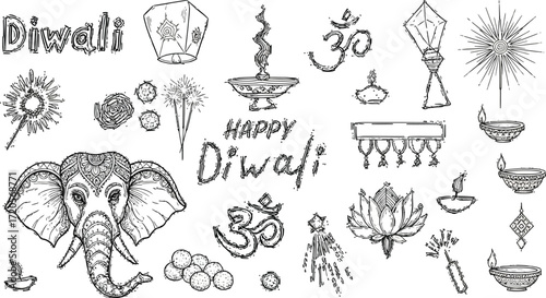 Celebrate vibrant Diwali with festive elements including ornate elephants, diyas, lotus flowers, Om symbols, and joyful fireworks for cultural events