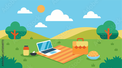 A sunny field with a picnic blanket laid out and a laptop open presenting a unique and remote office space for a digital nomad.. Vector illustration