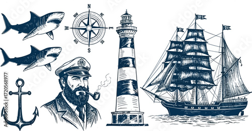 Epic nautical collection featuring a captain, sharks, lighthouse, ship, compass, and anchor, perfect for adventurous designs.