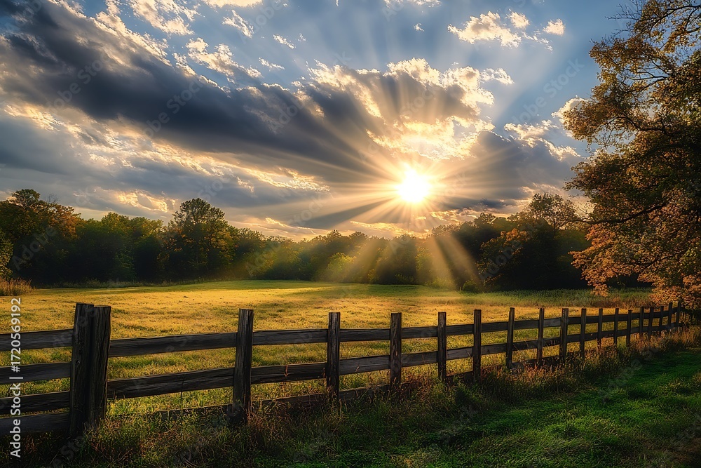 Obraz premium Sun Rays Shining Through Clouds Over Field with Wooden Fence and Trees Landscape