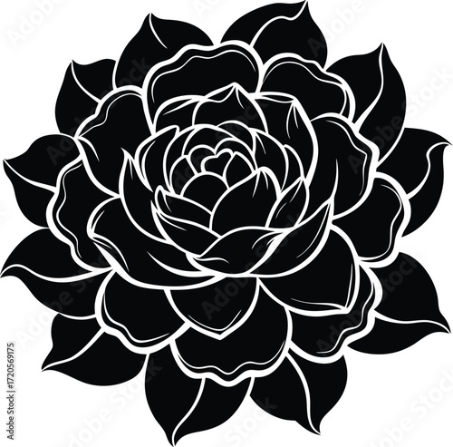 Black and White Stylized Flower, Elegant Botanical Bloom Vector, Intricate Layered Petals Graphic