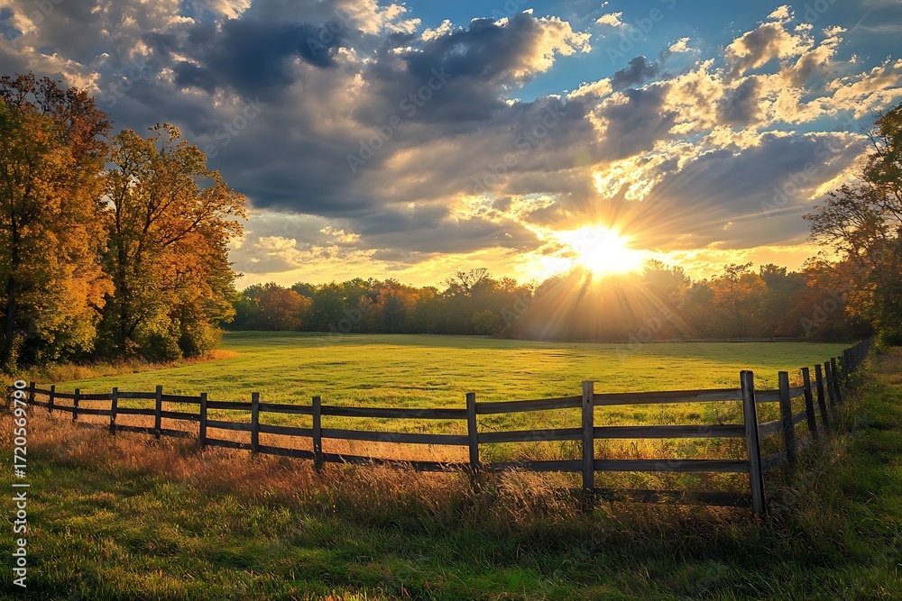 Fototapeta premium Sunburst over Green Field and Wooden Fence During Autumn Scenic Countryside Landscape