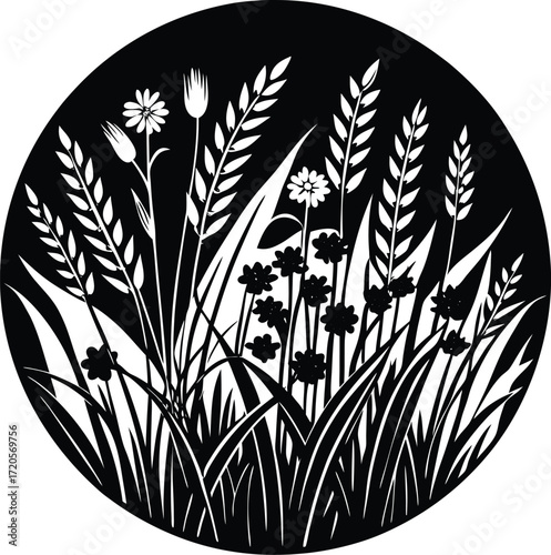 Elegant Wildflower and Cereal Plant Silhouette in Circular Frame, Black and White Vector