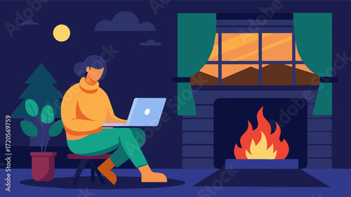 An individual sitting by the fire in their lodge room finishing up a project on their laptop while staying warm and cozy.. Vector illustration