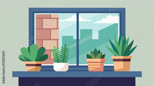 A small pot of succulent plants sits on the windowsill adding a touch of greenery to the workspace.. Vector illustration