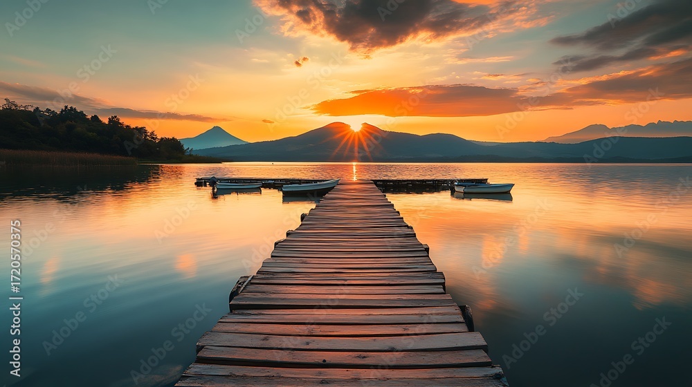Obraz premium Sunset Pier with Boats on a Serene Lake Surrounded by Mountains and Forests