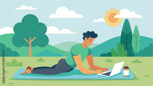 A man lays out a yoga mat in the grass using the tranquil park setting to clear his mind and focus on his freelance writing projects.. Vector illustration