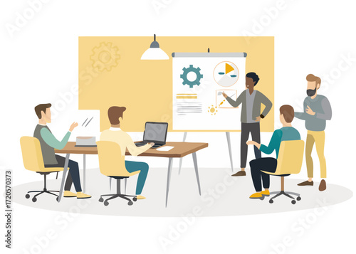 Diverse team collaborating in a modern office meeting room during a business presentation
