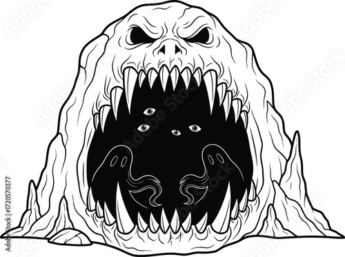 Monster cave with ghosts and eyes in the dark spooky illustration