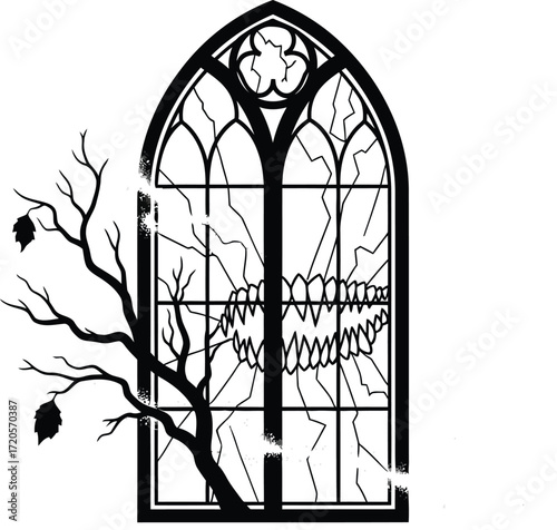 Gothic window with broken glass and tree branch silhouette art