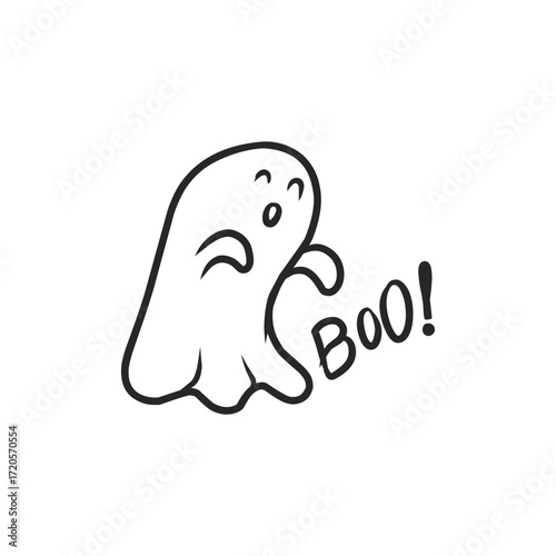 Kawaii Boo Ghost Hand Drawn Vector Outline Illustration