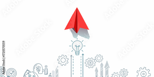 Red paper airplane takes flight above a lightbulb and business growth icons symbolizing innovation and success