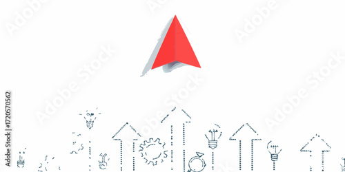 Free Download Red paper airplane soaring above a row of sketched arrows and light bulbs representing growth and ideas - GFXLoad