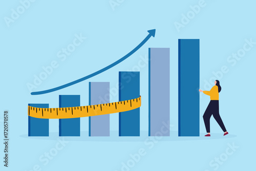 Business growth measured by a tape measure with a person adjusting a bar graph showing upward trend