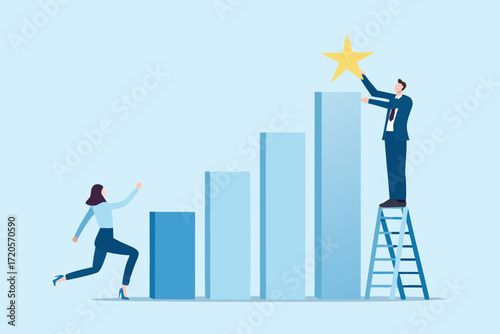 Business people climbing bar graph to reach golden star representing success and achievement