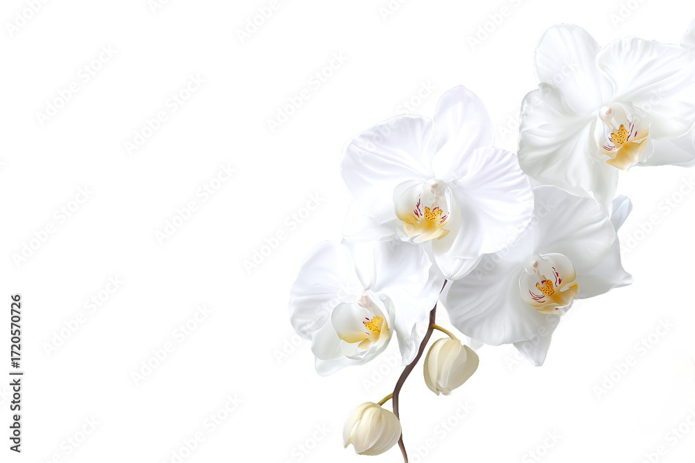 Obraz premium Branch of blooming white Phalaenopsis orchids isolated on white transparent background.