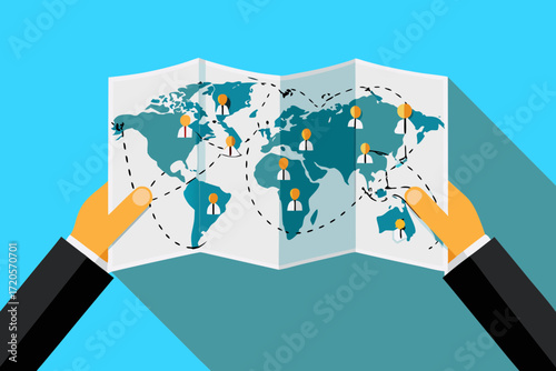 Hands holding a world map with connected people icons showing global connections and network