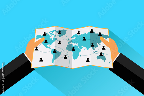Hands holding a world map with connected people icons representing global network and communication