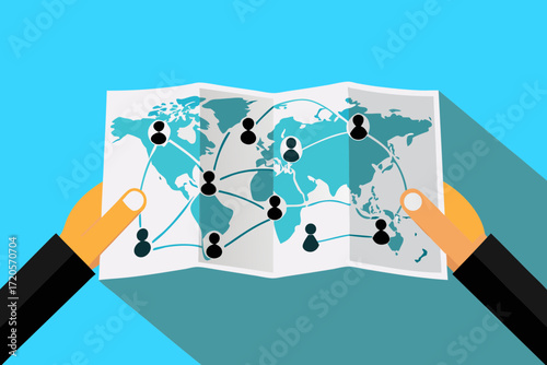 Hands holding a world map with connected people icons representing global network and connections