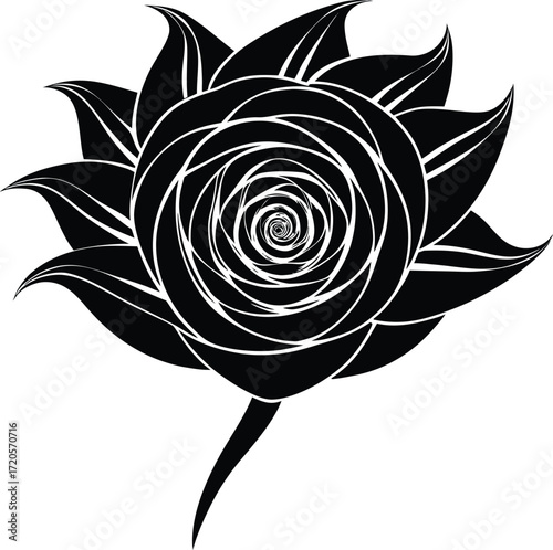 Stylized Black and White Rose Flower Vector Art with Concentric Spiral Petals