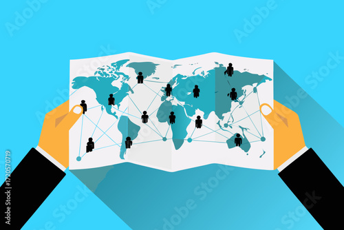 Hands holding a world map with connected people icons representing global network and connections