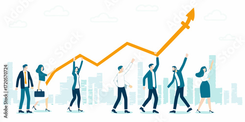 Diverse team of business professionals holding up an upward trending orange graph representing success and growth
