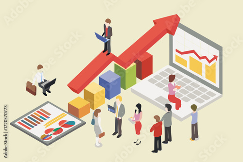 Business team collaborating around charts and graphs with upward trending arrow indicating growth and success