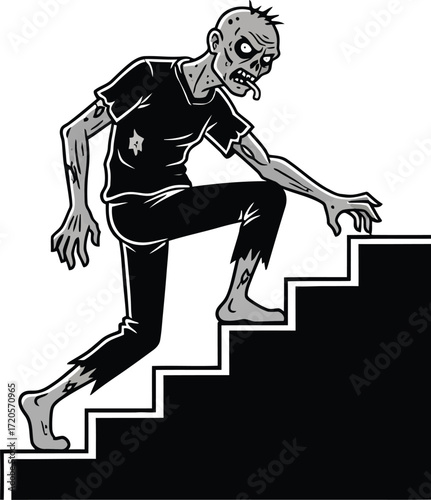 Zombie climbs stairs in black and white cartoon illustration