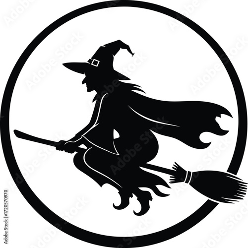 Silhouette of a witch flying on a broomstick in a black circle