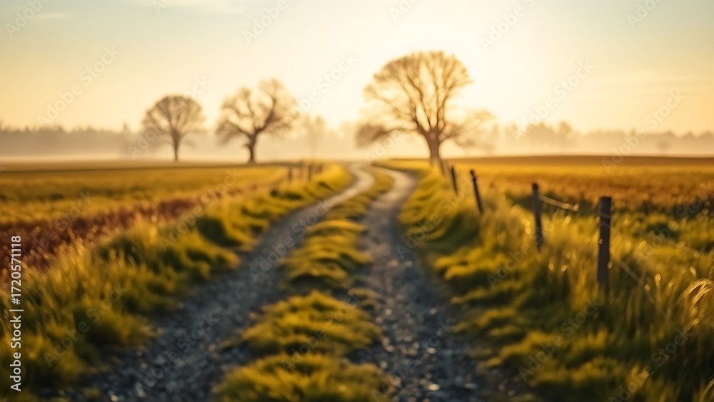 Fototapeta premium A quiet forked road through a serene landscape, bathed in soft morning light.