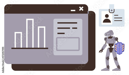 Robot holding a shield next to a dashboard with bar graphs and forms, symbolizing technology, AI, cybersecurity. Ideal for innovation, automation, data security, analytics, future concepts identity