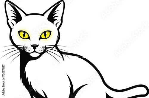 Elegant white cat with glowing yellow eyes stares intently forward