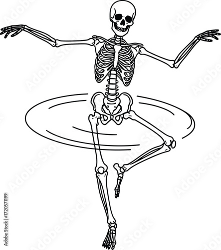 Dancing skeleton with a hula hoop in a playful line drawing
