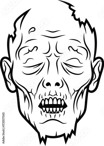 Zombie head illustration with decaying features in black outline
