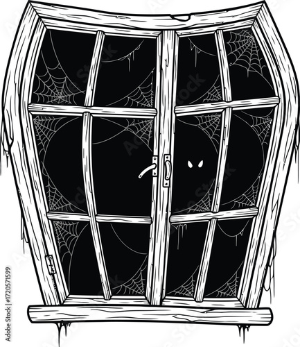 Spooky eyes peering through a cobweb filled window at nighttime