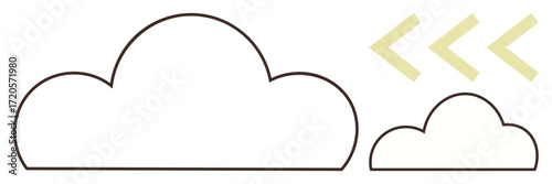 Two outlined clouds with soft curves positioned side by side, accompanied by dual chevron arrows. Ideal for data storage, backup, connectivity, transition, mobility, simplicity, digital workflow