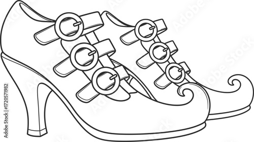 Line art of witch shoes with buckles and curled pointed toes