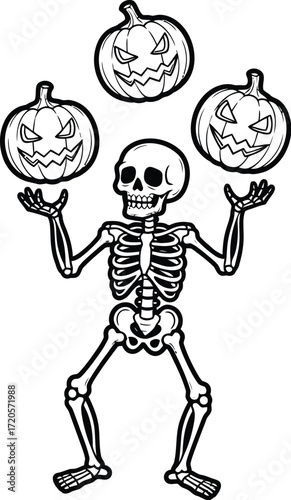 Skeleton juggling halloween pumpkins in a spooky black and white