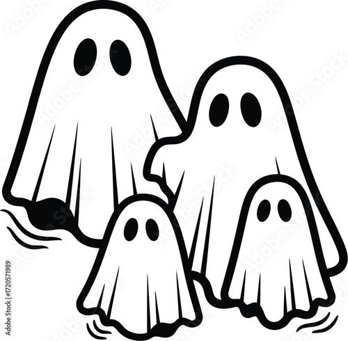 Four cute cartoon ghosts floating on a white plain background