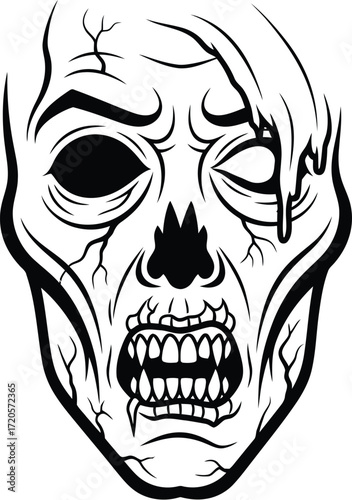 Creepy zombie face illustration with decaying features design