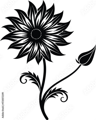 Elegant Floral Silhouette with Ornate Leaves and Unopened Bloom Vector