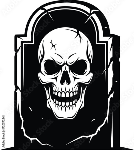 Skull on a tombstone illustration in black and white vector art