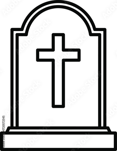 Simple black and white line drawing of a tombstone with cross