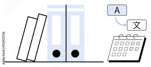 File folders, translation boxes with arrows connecting languages, and a spiral calendar. Ideal for planning, organization, documentation, translation, scheduling, workflow management multilingual