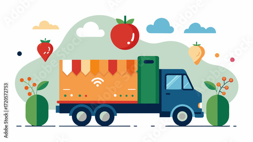 A truck loaded with produce is guided by an AIpowered navigation system optimizing the most efficient route for delivery and minimizing transportation costs.. Vector illustration